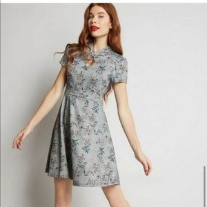 ModCloth Gray Plaid and Floral Dress- Size Medium